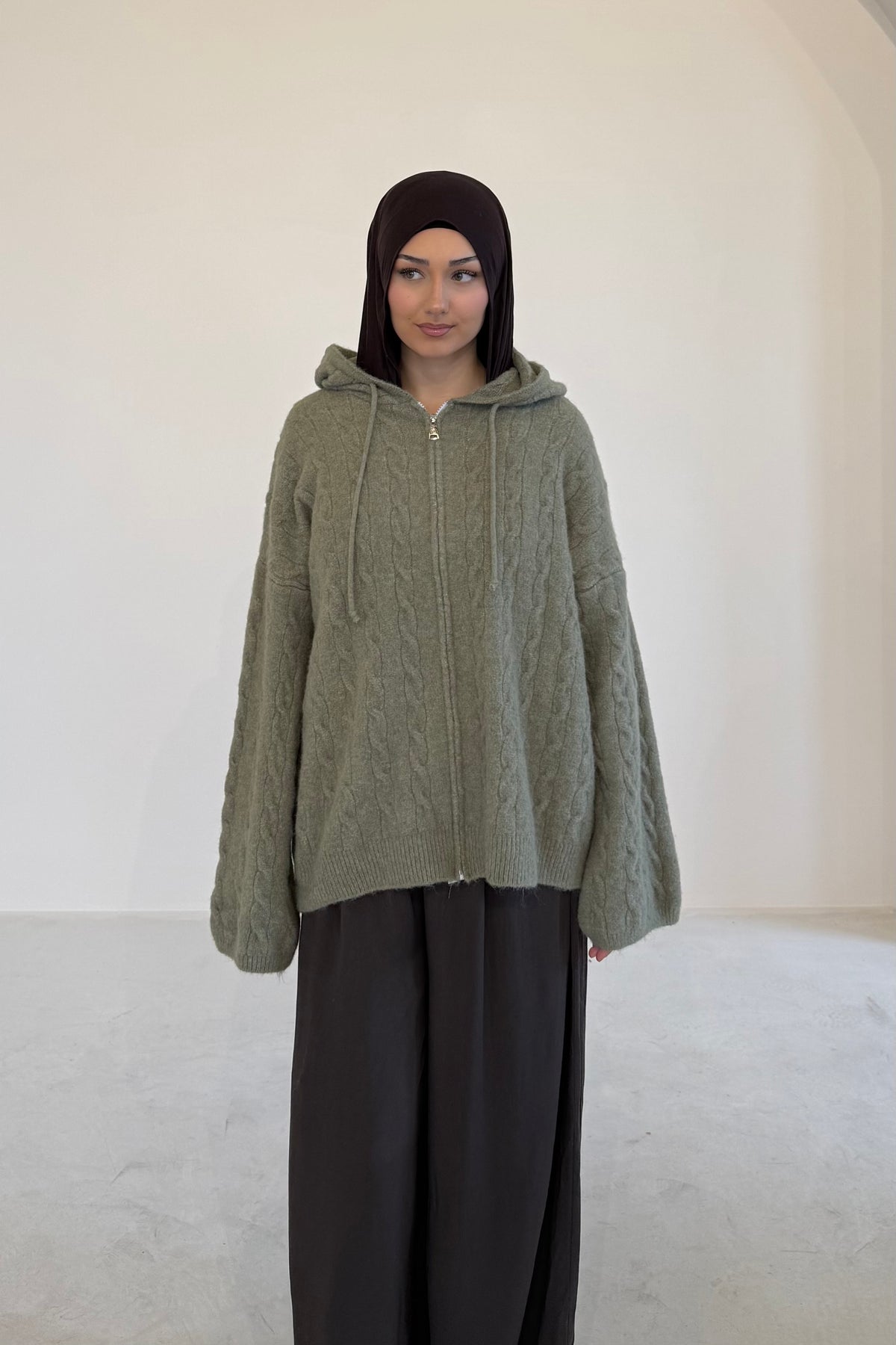 Kaputzenpullover mit Zopfmuster